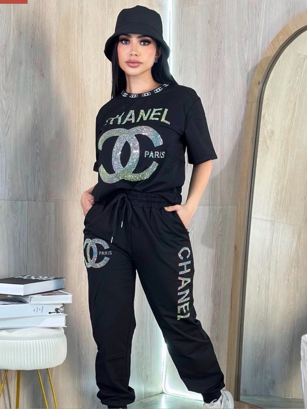 Black Jogger Pants with Holographic Logo and Matching tee Set size S